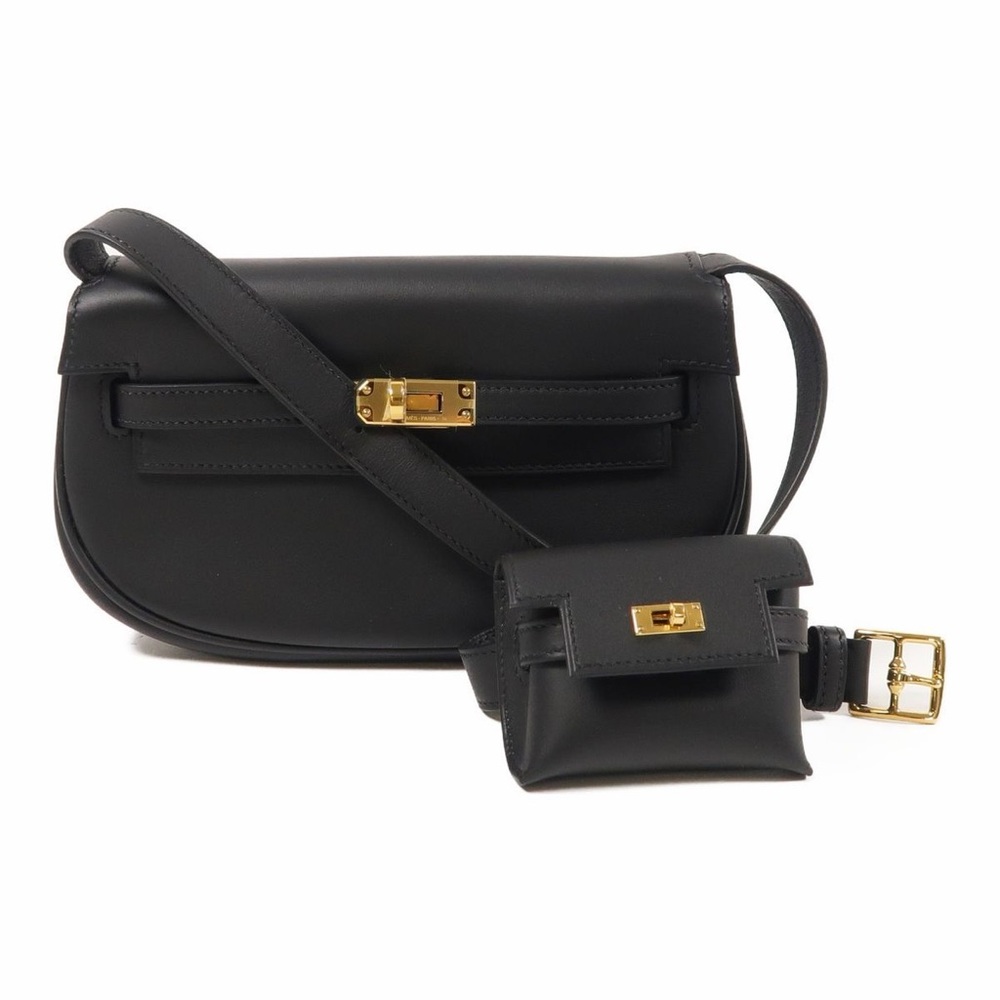 Black Leather Crossbody Bag with Gold Accents